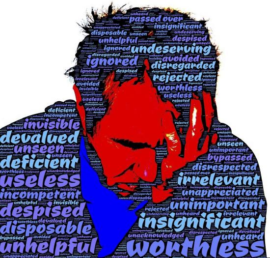 Man with face in hand surrounded by synonyms for worthless, as described in the caption