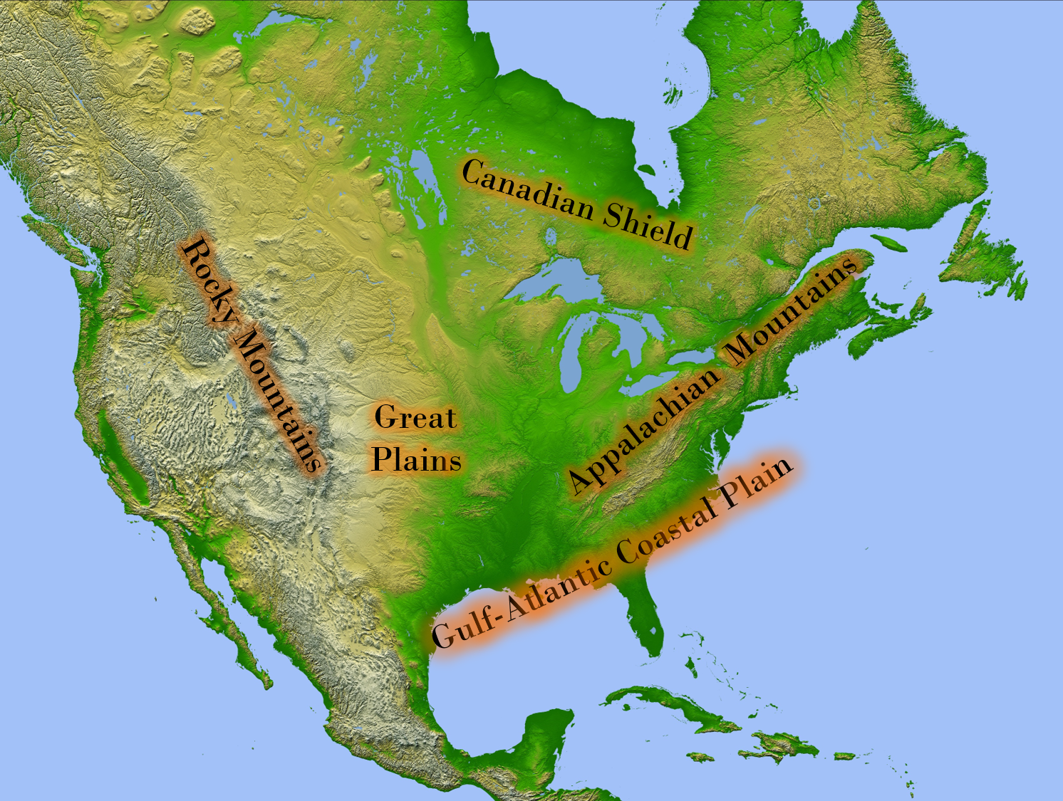 Five regions of North America labeled on a shaded relief map