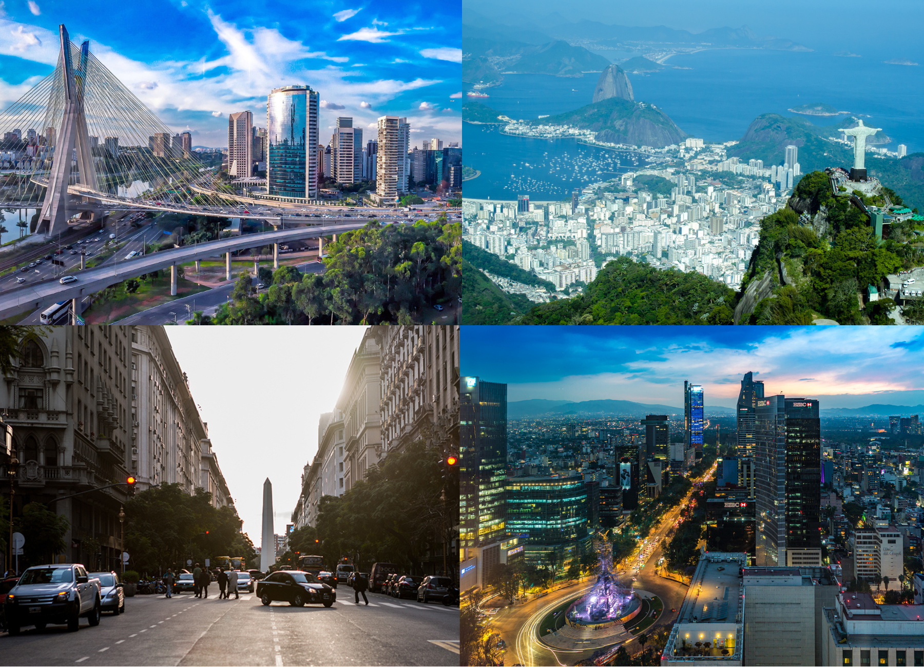Cityscapes depicting skyscrapers, roads, highways, bridges, and cars