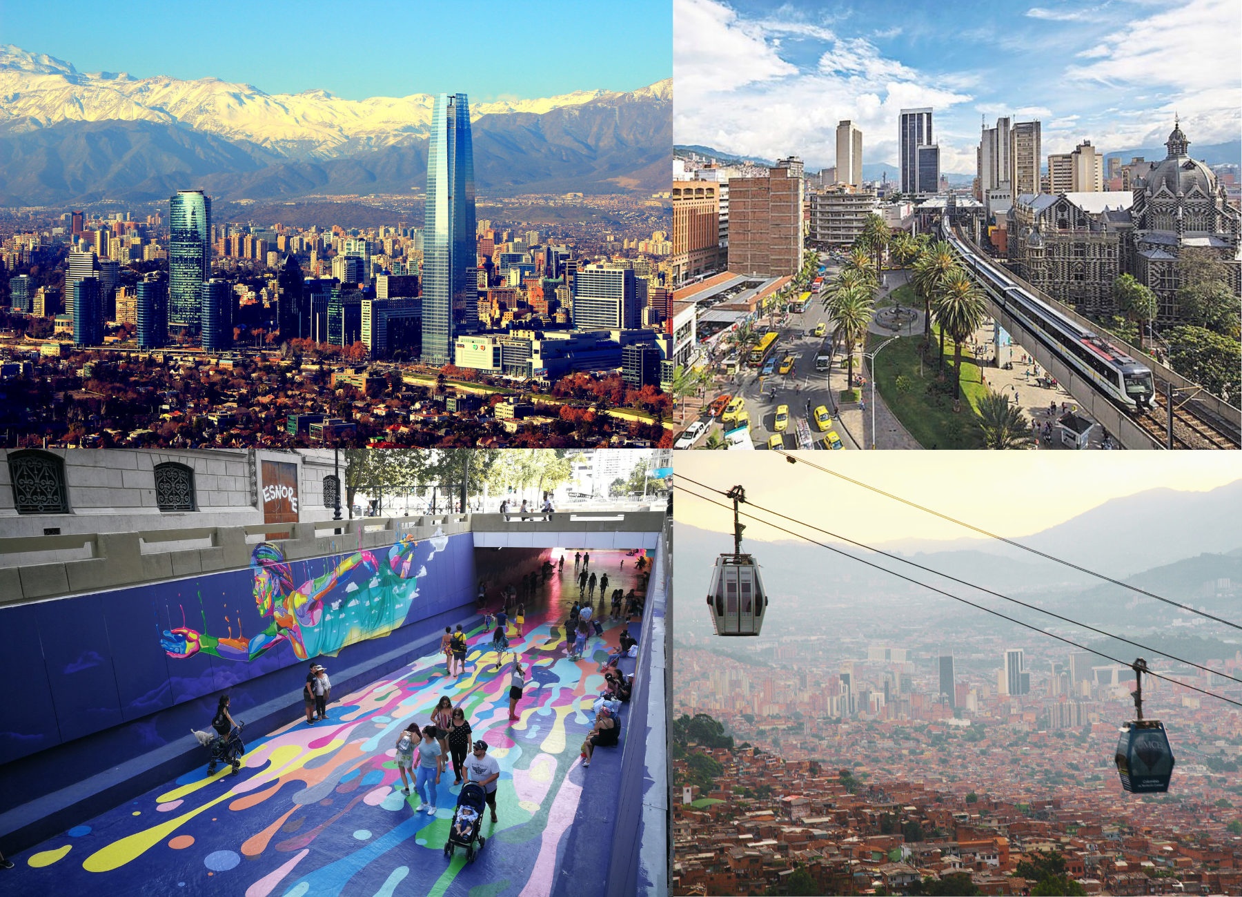 Cityscapes with aerial cable cars, public transportation trains, and walking road underpasses