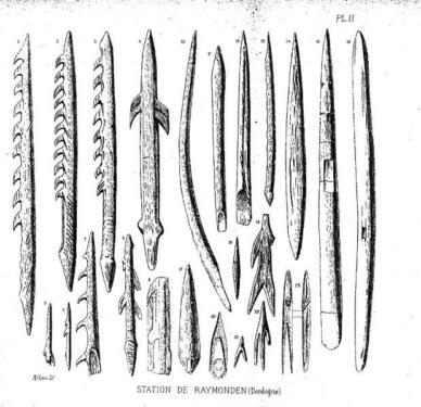  drawing from 1891 shows an array of Magdalenian-style barbed points found in the burial of a reindeer hunter.