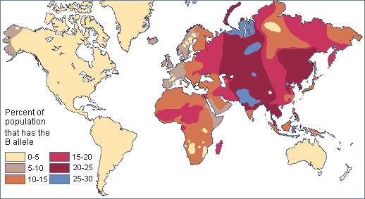Global distribution of blood type B.