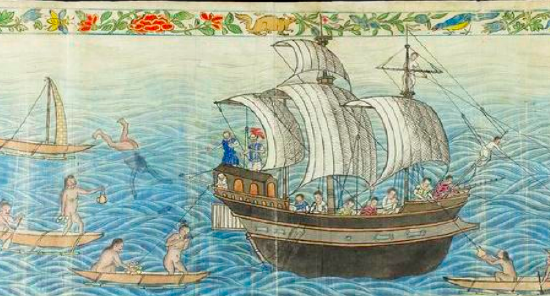 Illustration of several canoes and people surrounding the Manila Galleon ship