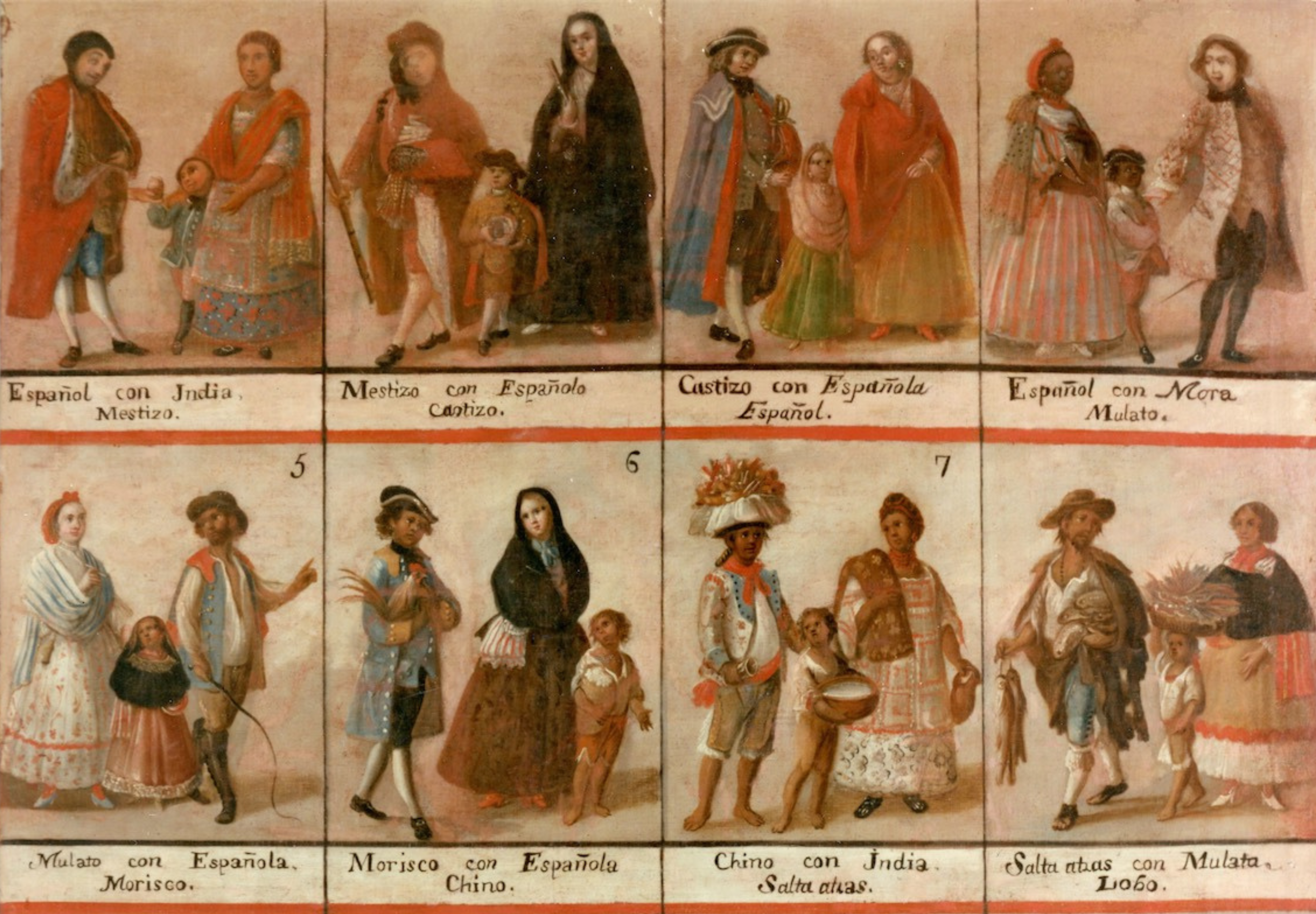 Eight families depicted with different skins tones and dress  