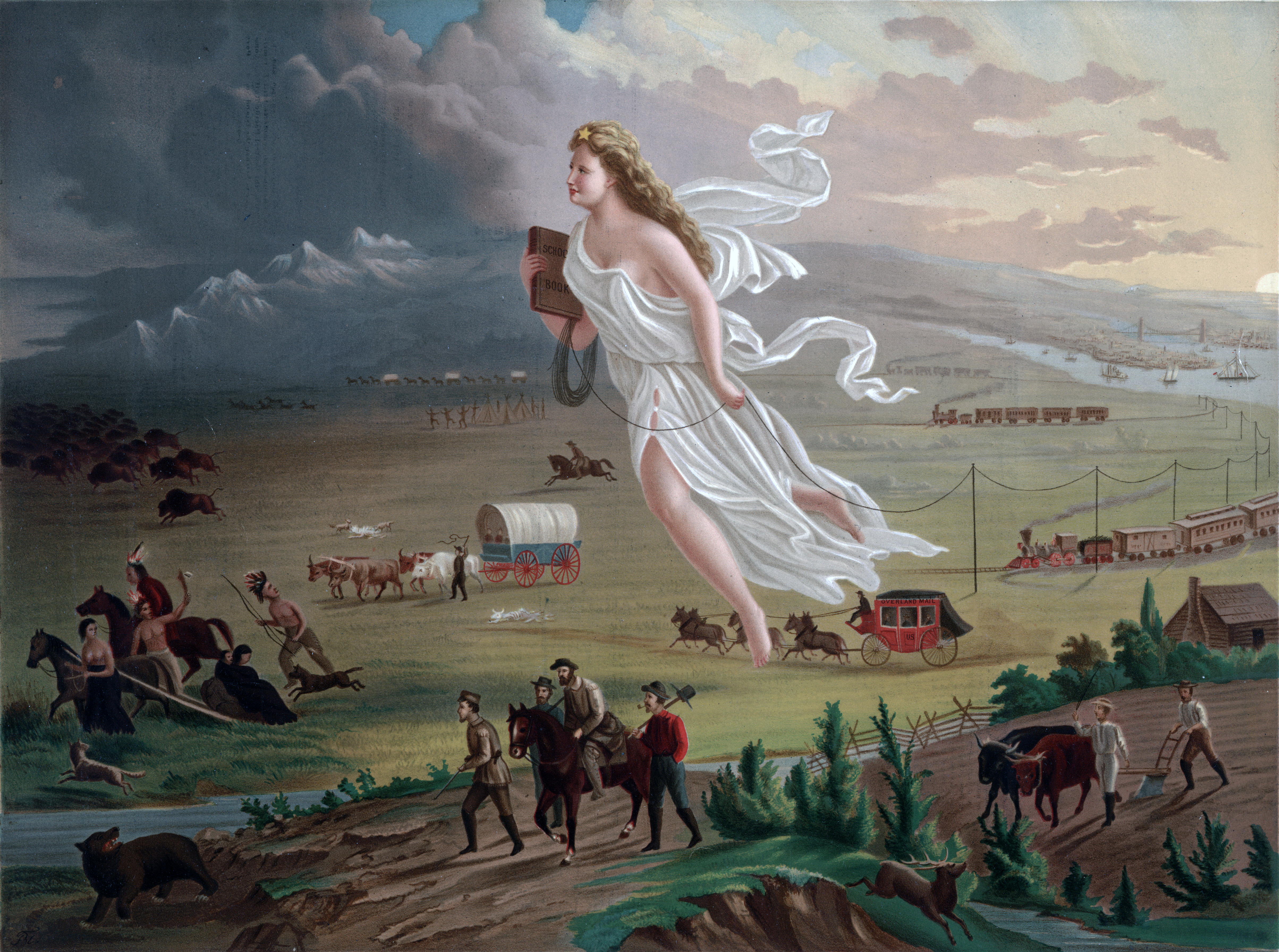 A painting of a woman floating in the air headed westward, paving the way for western civilization