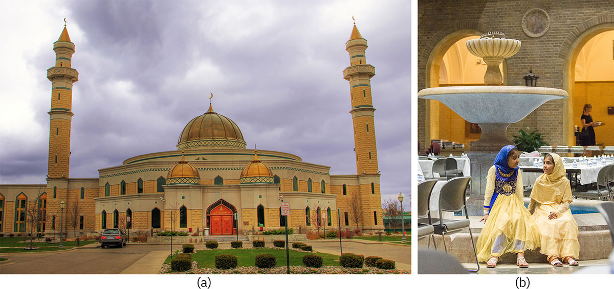 Photo A shows the Islamic Center of America, a large building with a central dome and two smaller domes as well as two towers. Photo B shows two young people wearing head coverings.