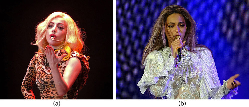 Two pictures depict Lady Gaga and Beyoncé performing.