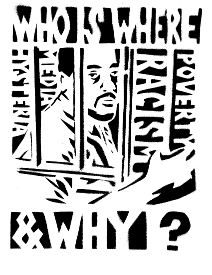 Black and white stencil of man behind bars. Details in caption. 