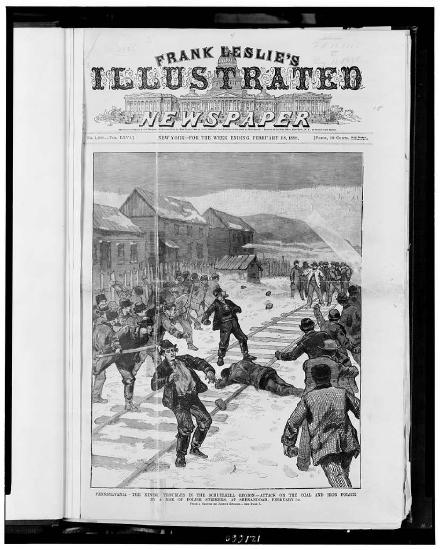 A black and white newspaper illustration of strikers and police fighting across a railroad