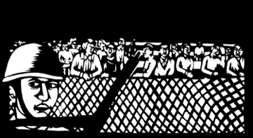 black and white stencil of armed guard/police by a big fence, people behind the fence