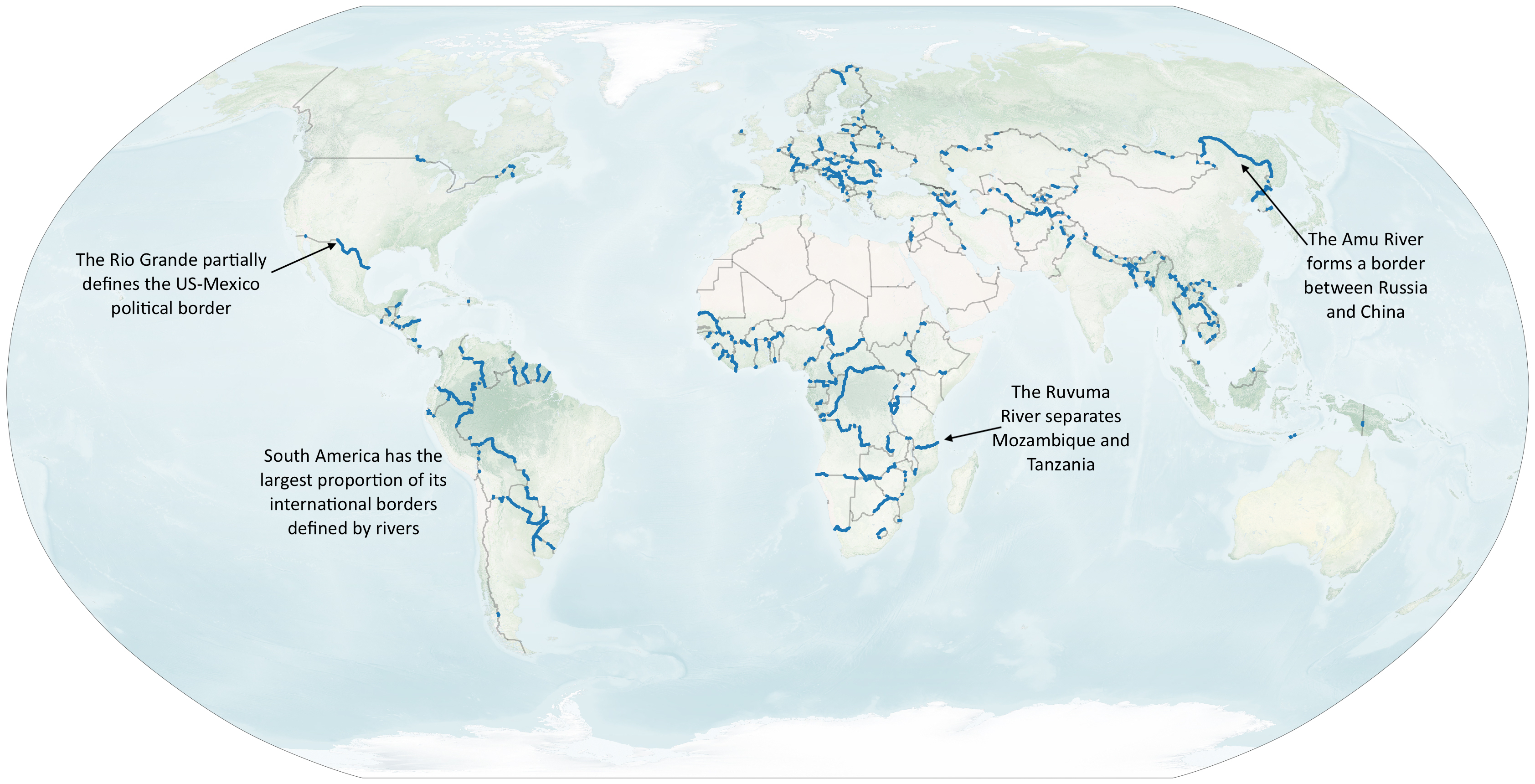 World map of world rivers as international borders