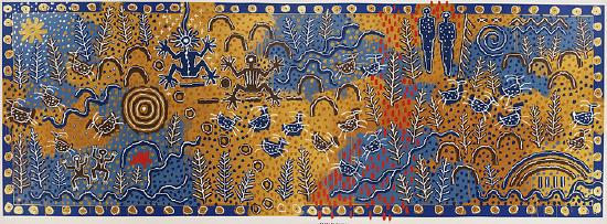 Colorful painting of Maidu symbols with blue yellow and orange colors