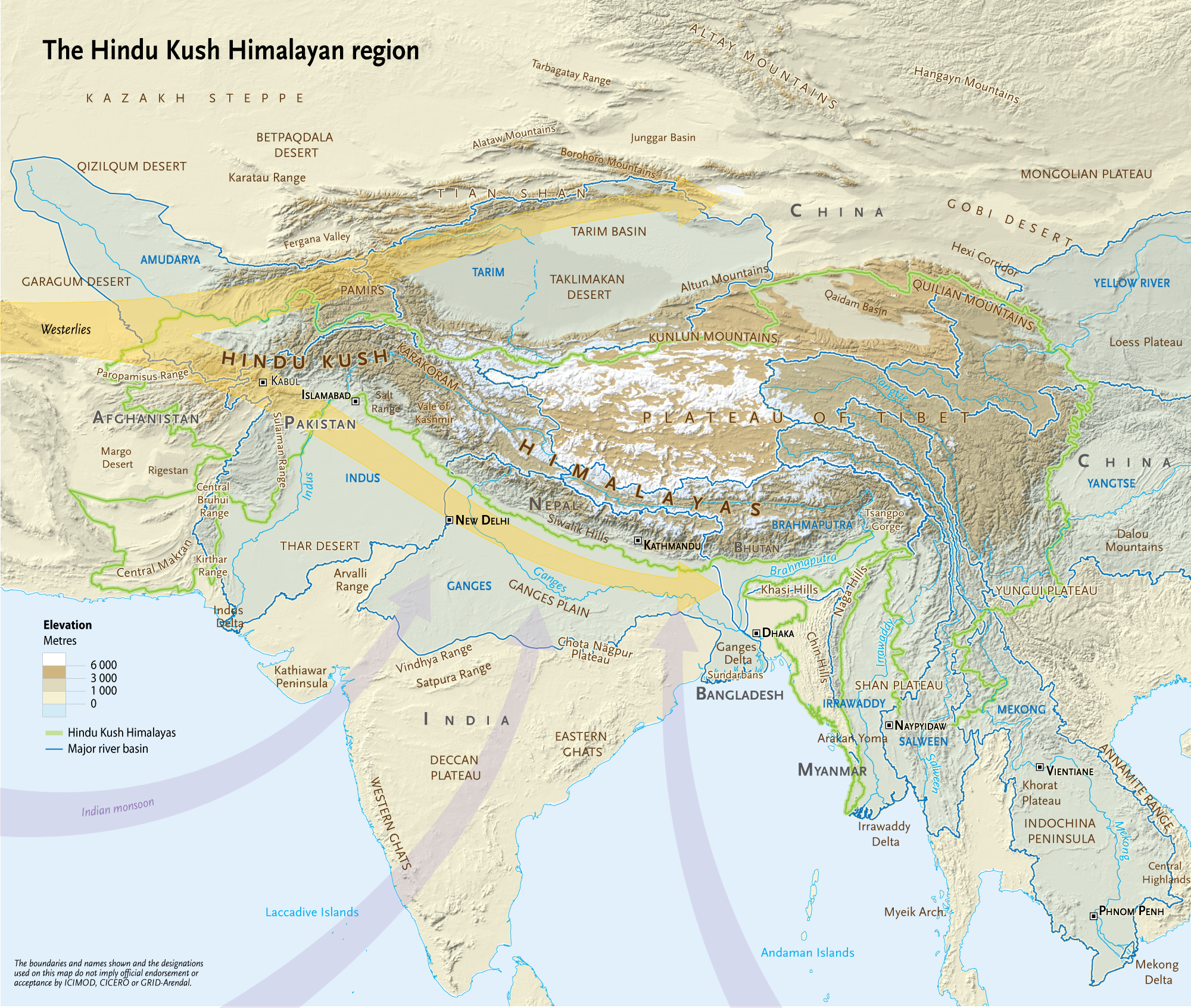 Hindu Kush Himalayan Region, major rivers, and monsoon direction moving northward