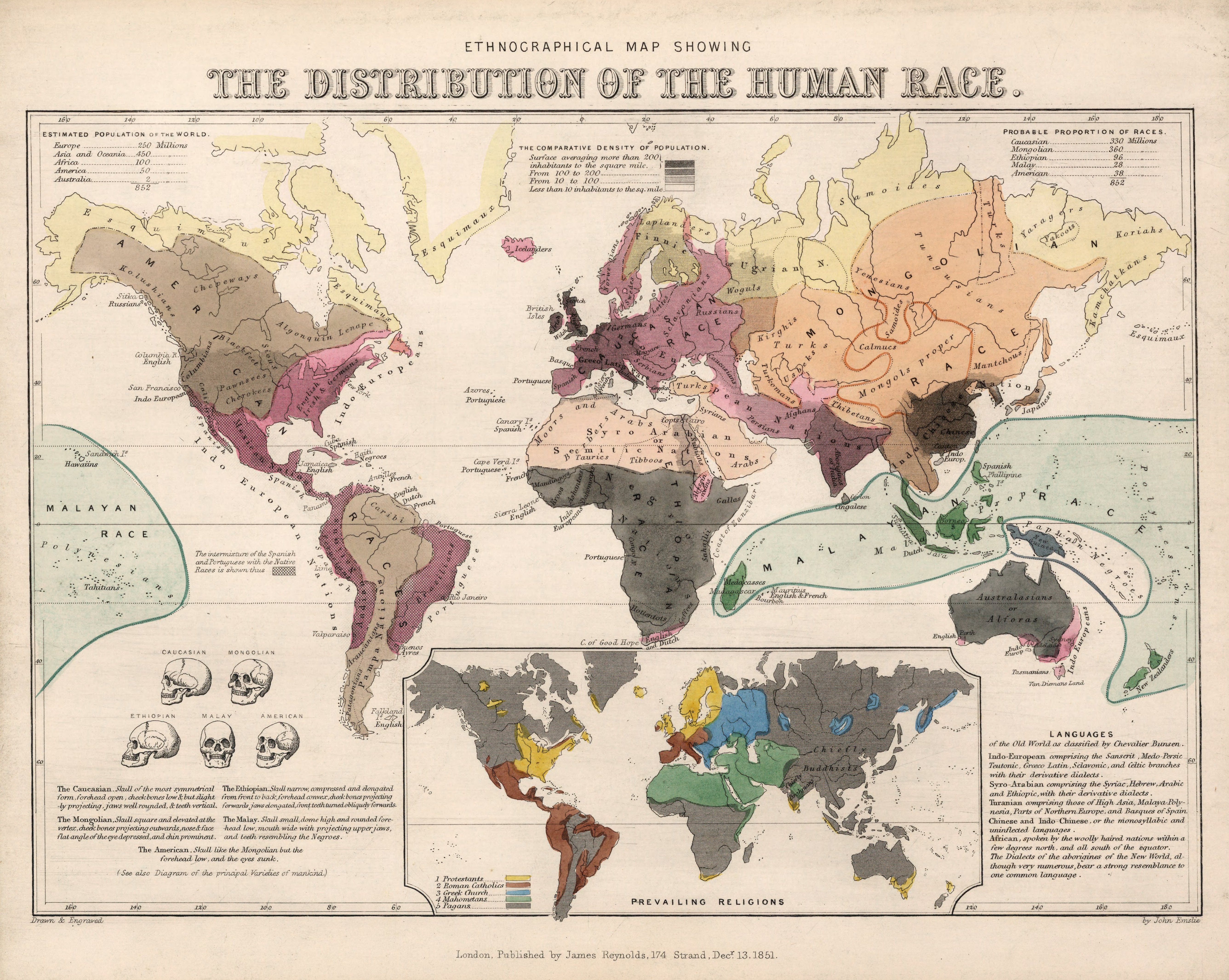 A racial map of the world by James Reynolds, 1851