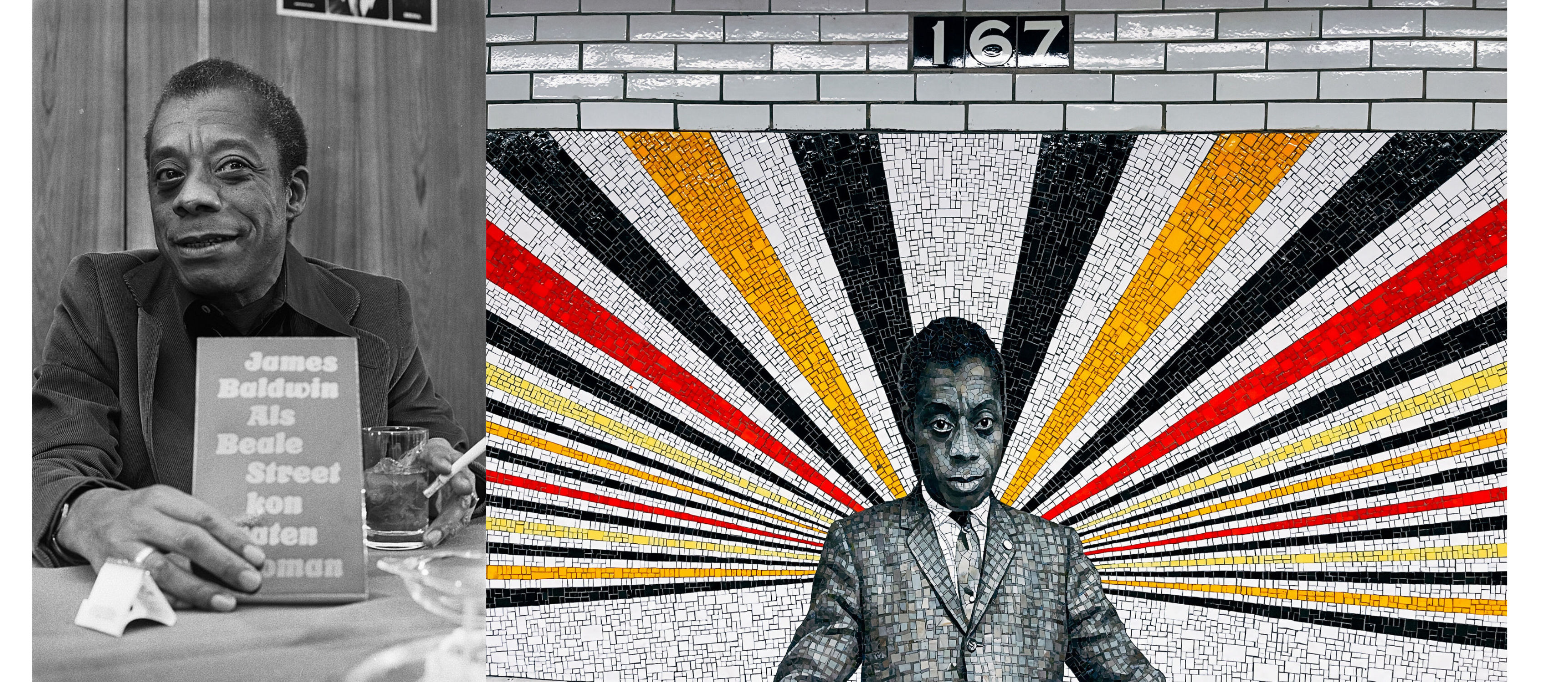 Baldwin holding book If Beale Street Could Talk; Mural with black, red, and yellow tiles extending outward behind him