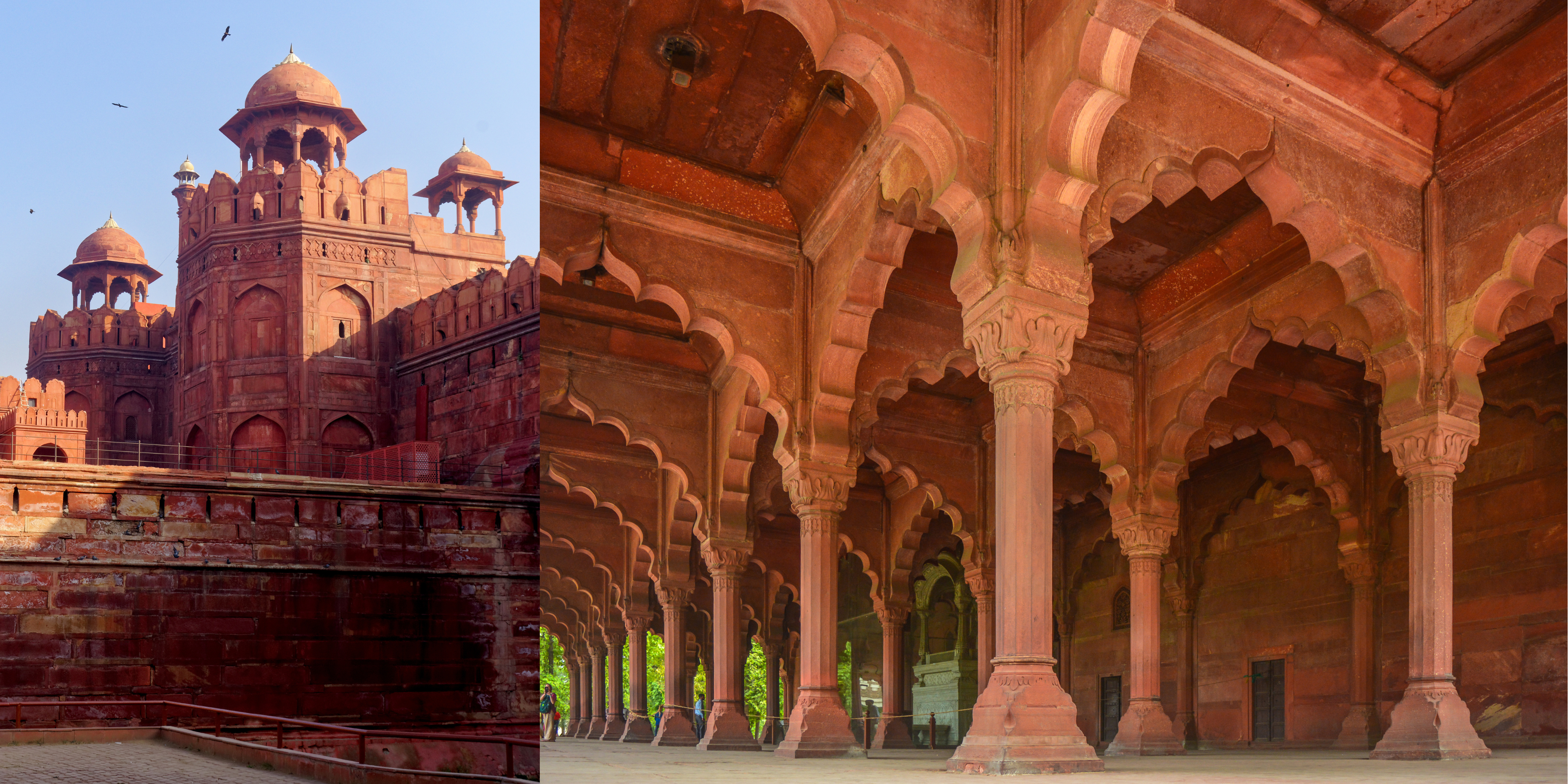 Red fort walls and scalloped column arches