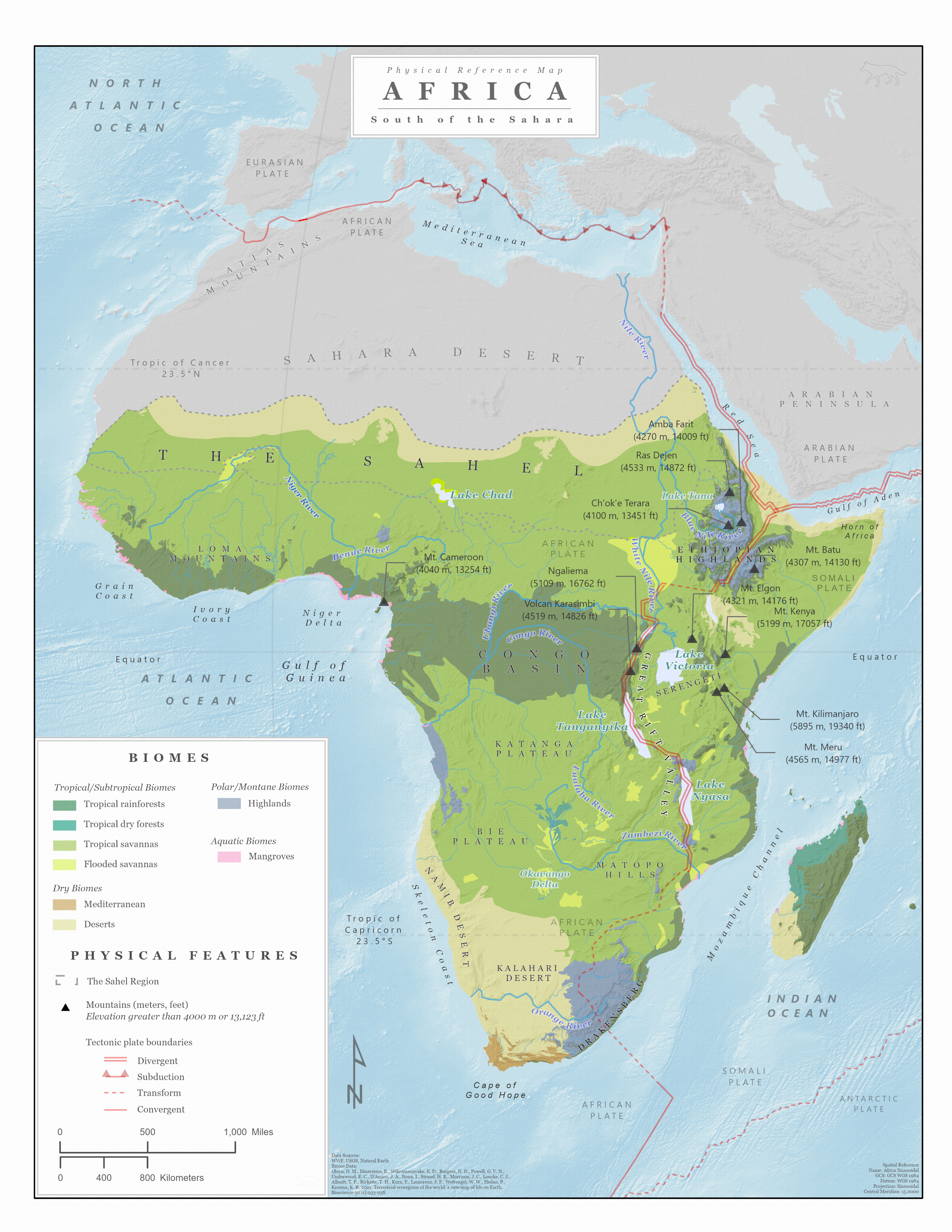 Biome and physical features map of Africa South of the Sahara