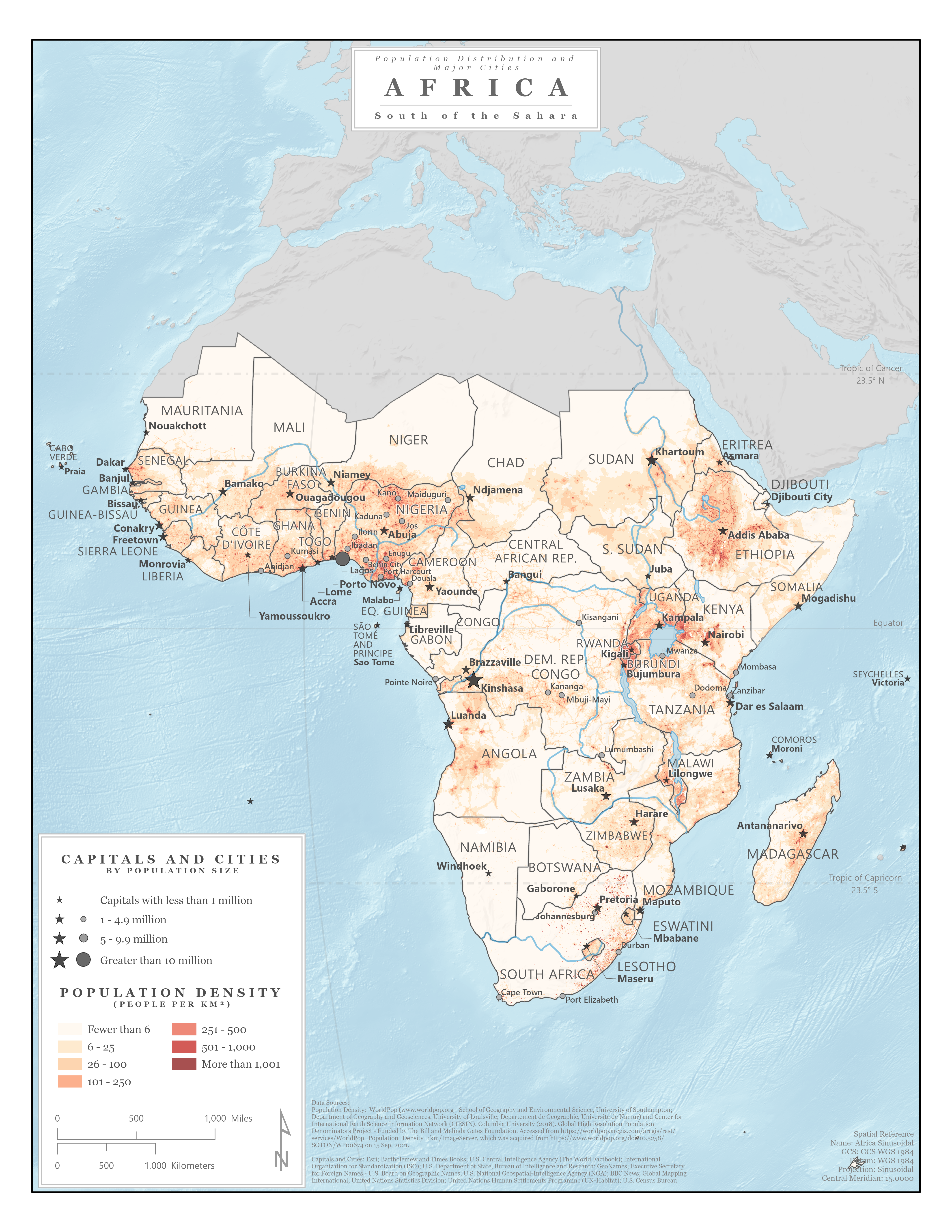 Countries, capitals, and population sizes map of Africa South of the Sahara