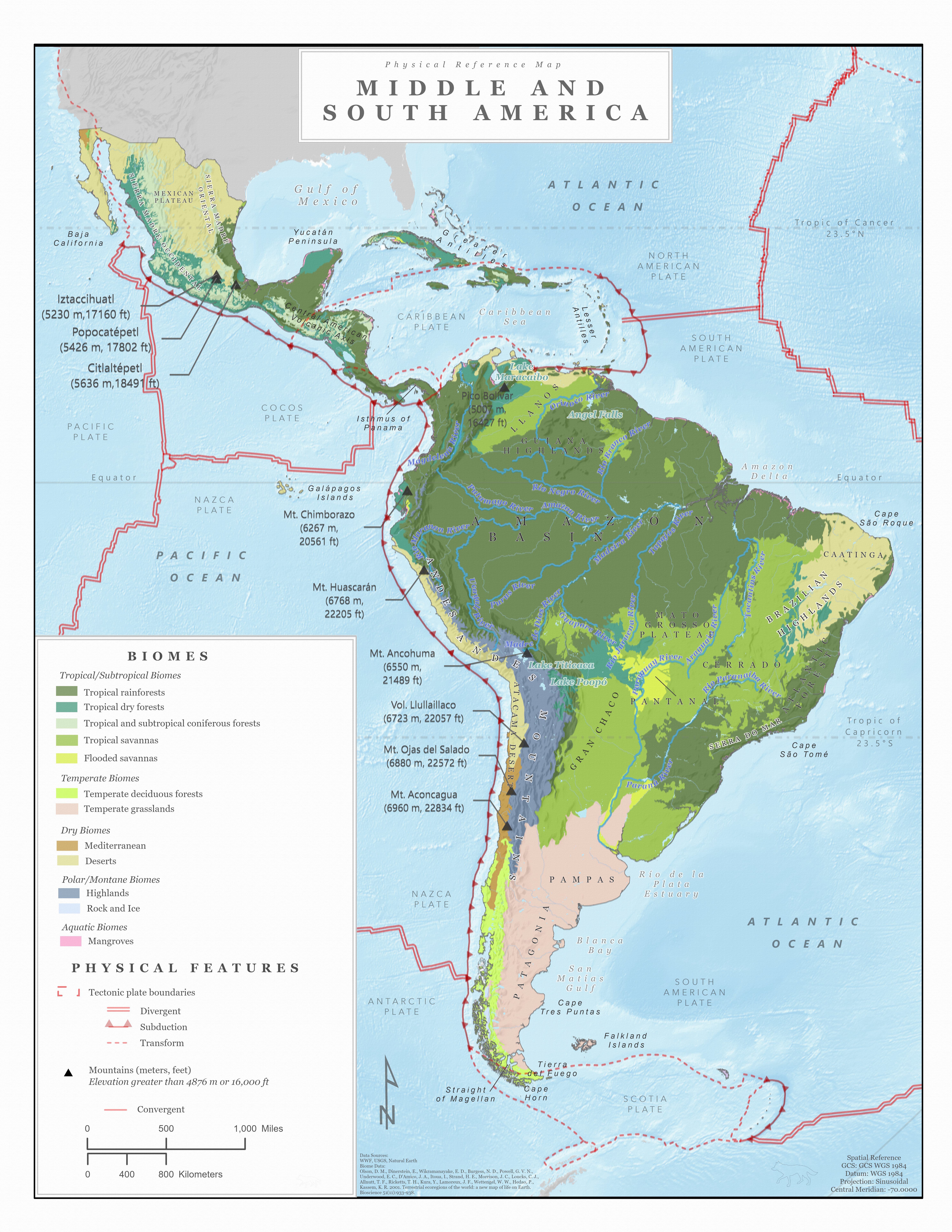 Biome and physical features map of Middle and South America