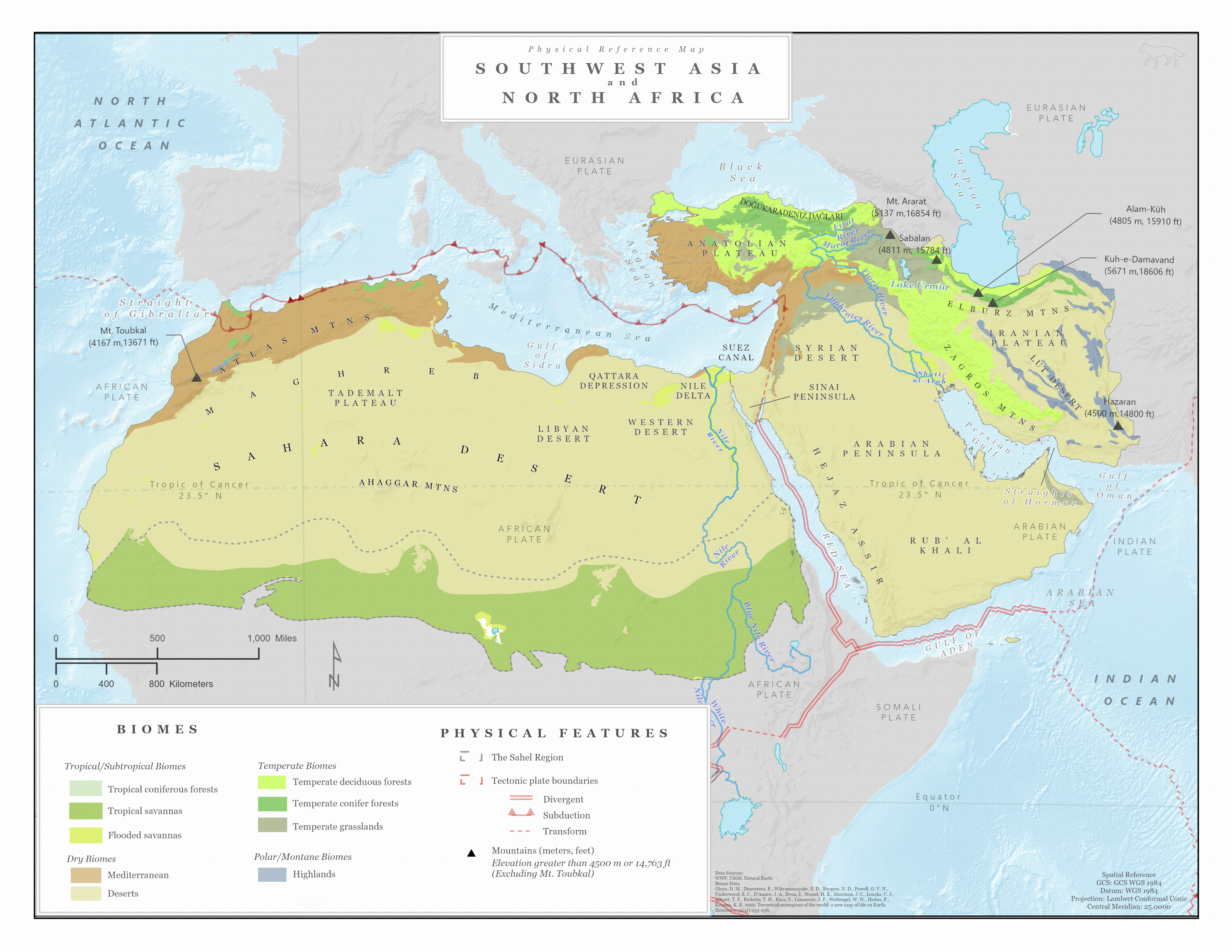 Biome and physical features map of Southwest Asia and North Africa