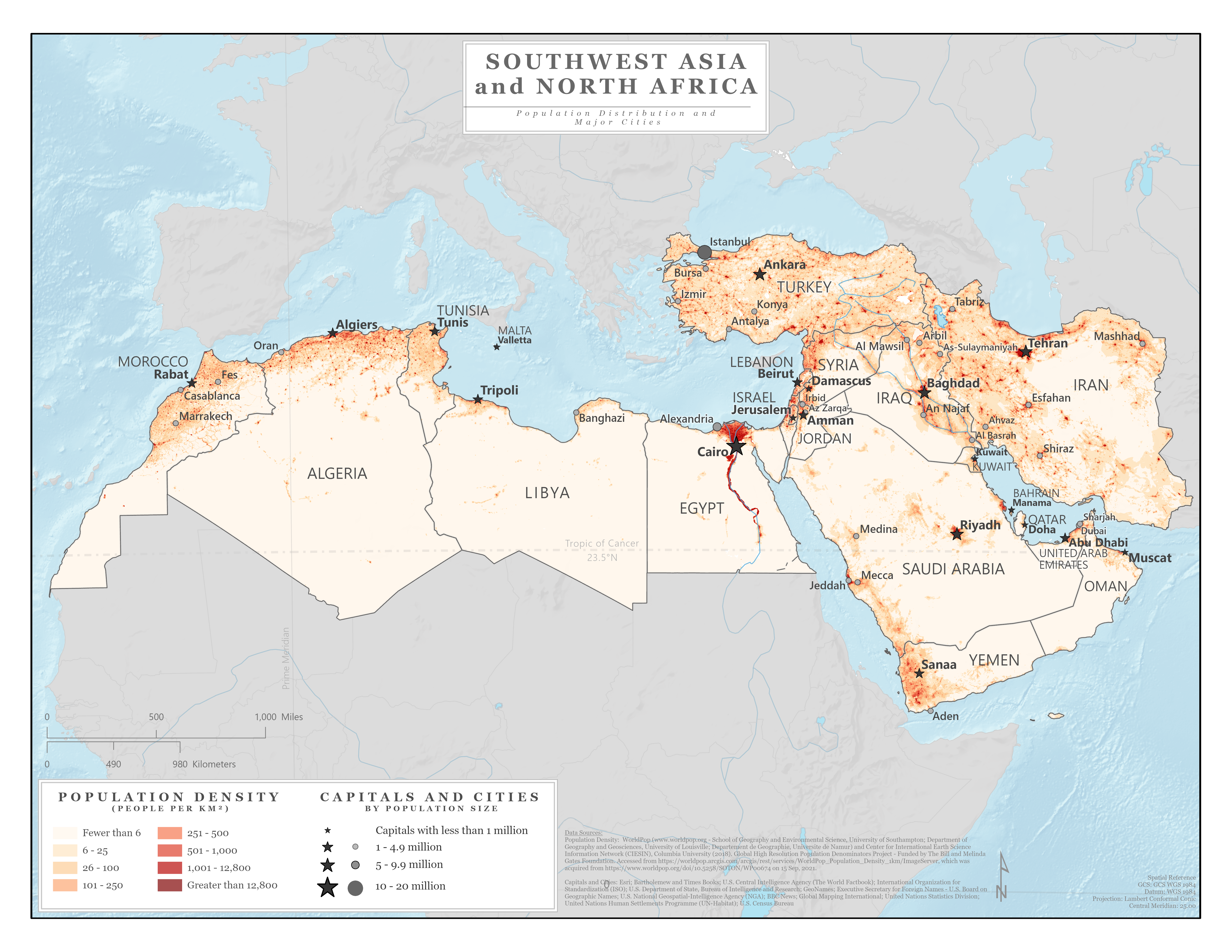 Countries, capitals, and population sizes map of Southwest Asia and North Africa