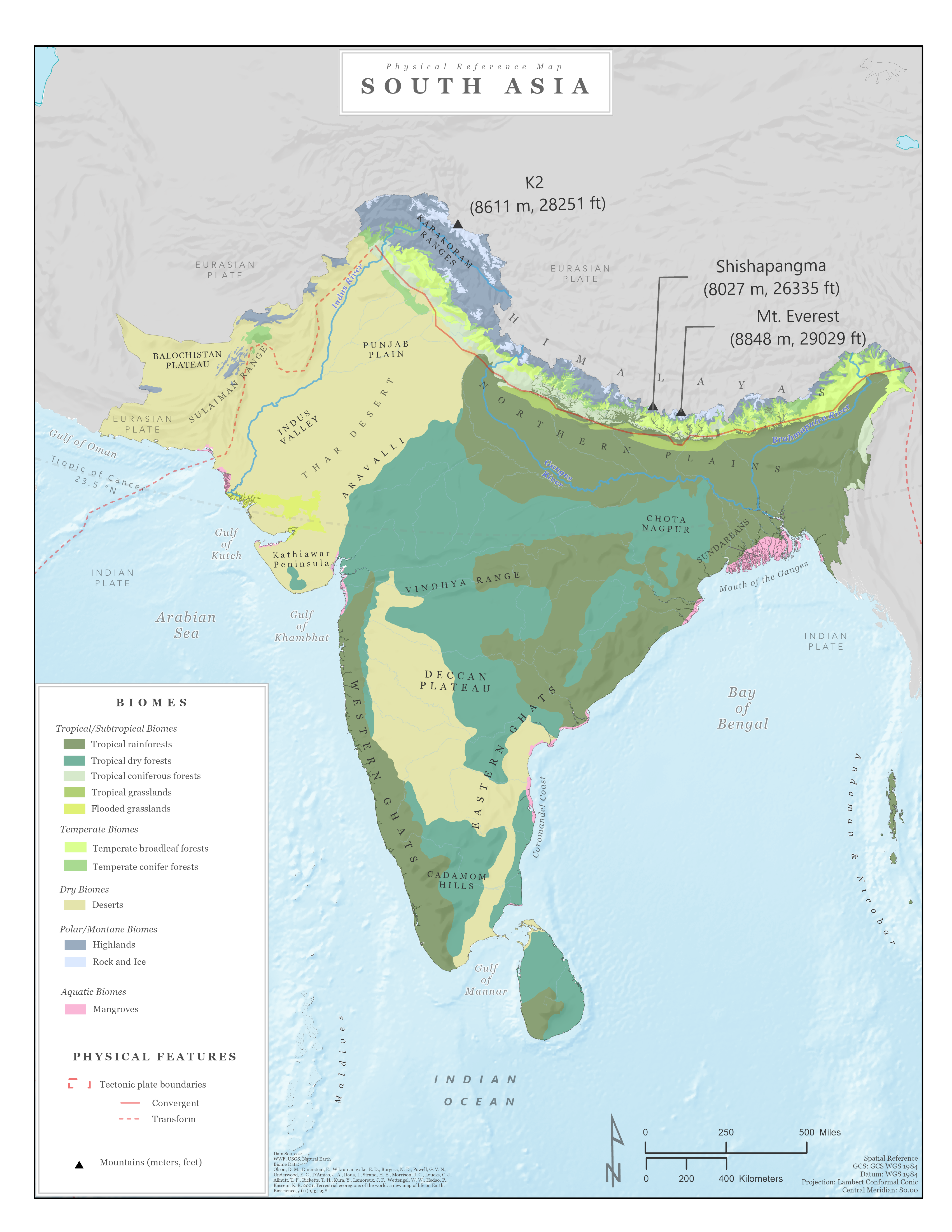 Biome and physical features map of South Asia