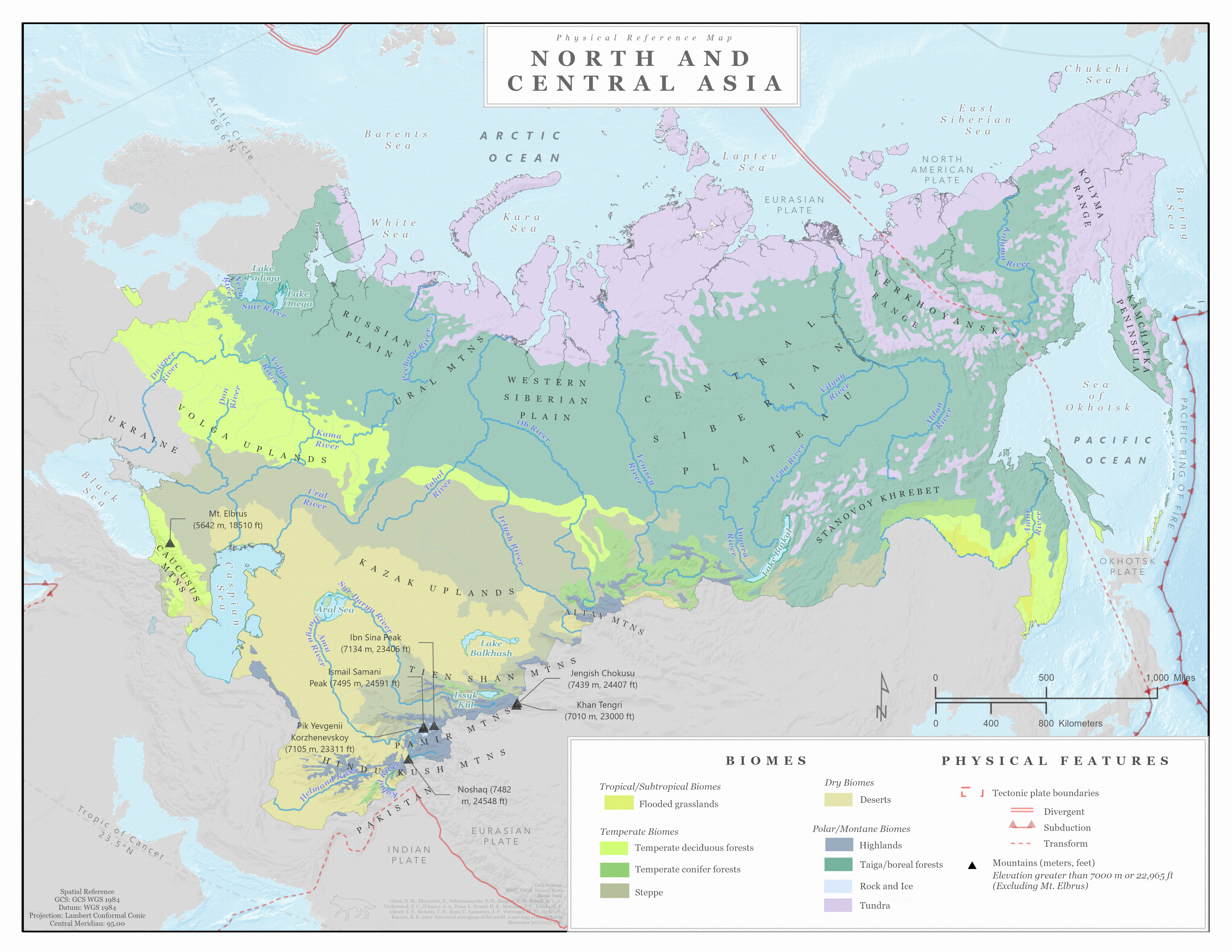 Biome and physical features map of North and Central Asia