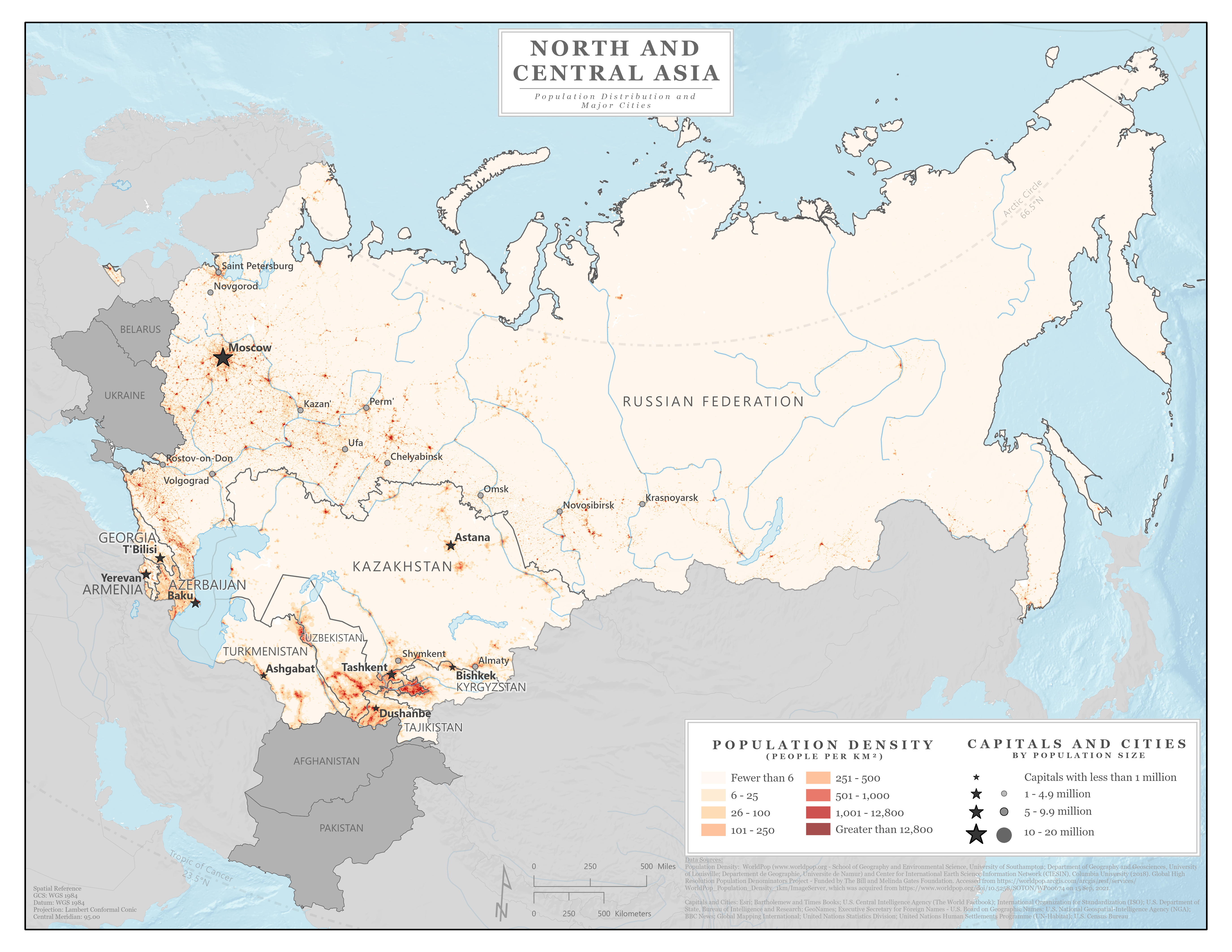 Countries, capitals, and population sizes map of North and Central Asia