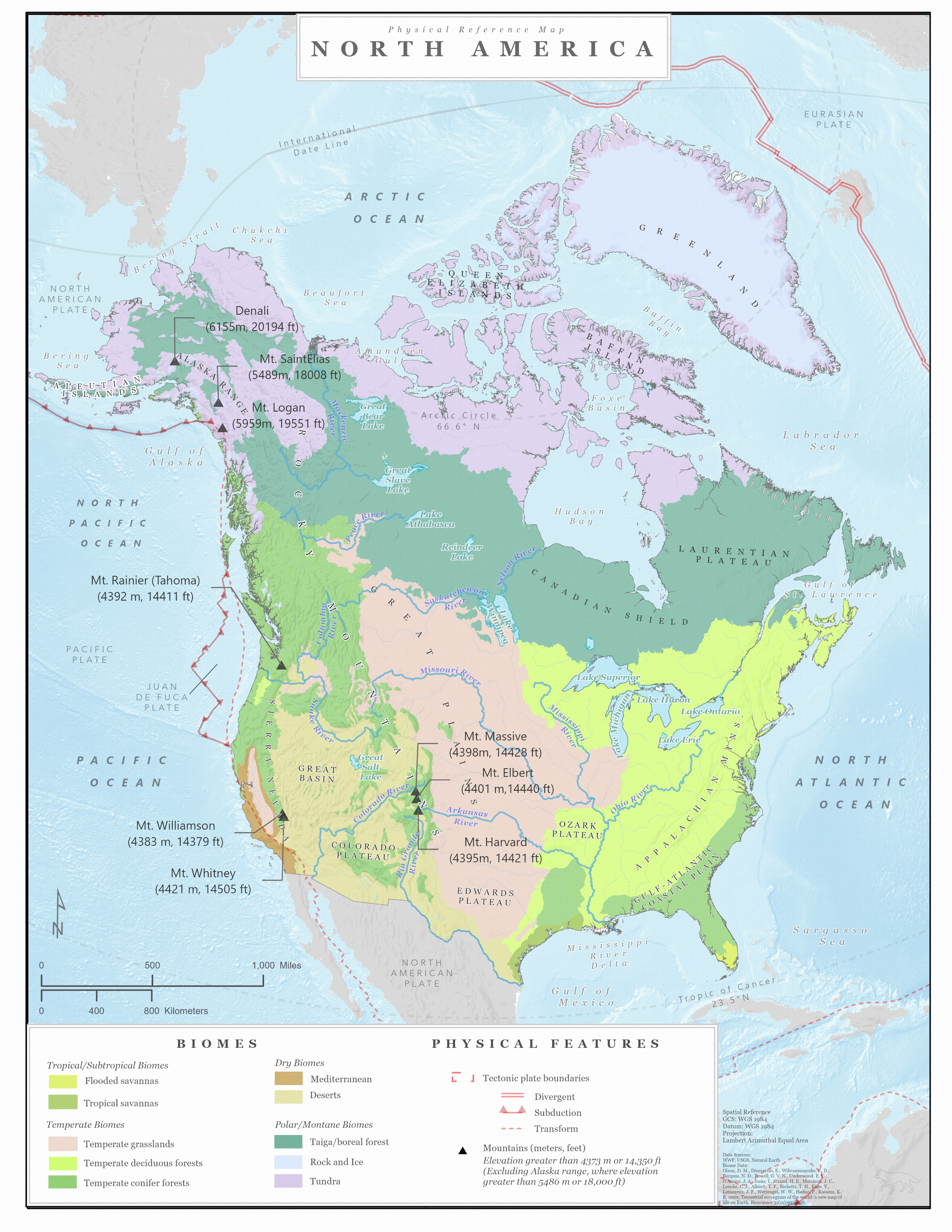 Biome and physical features map of North America