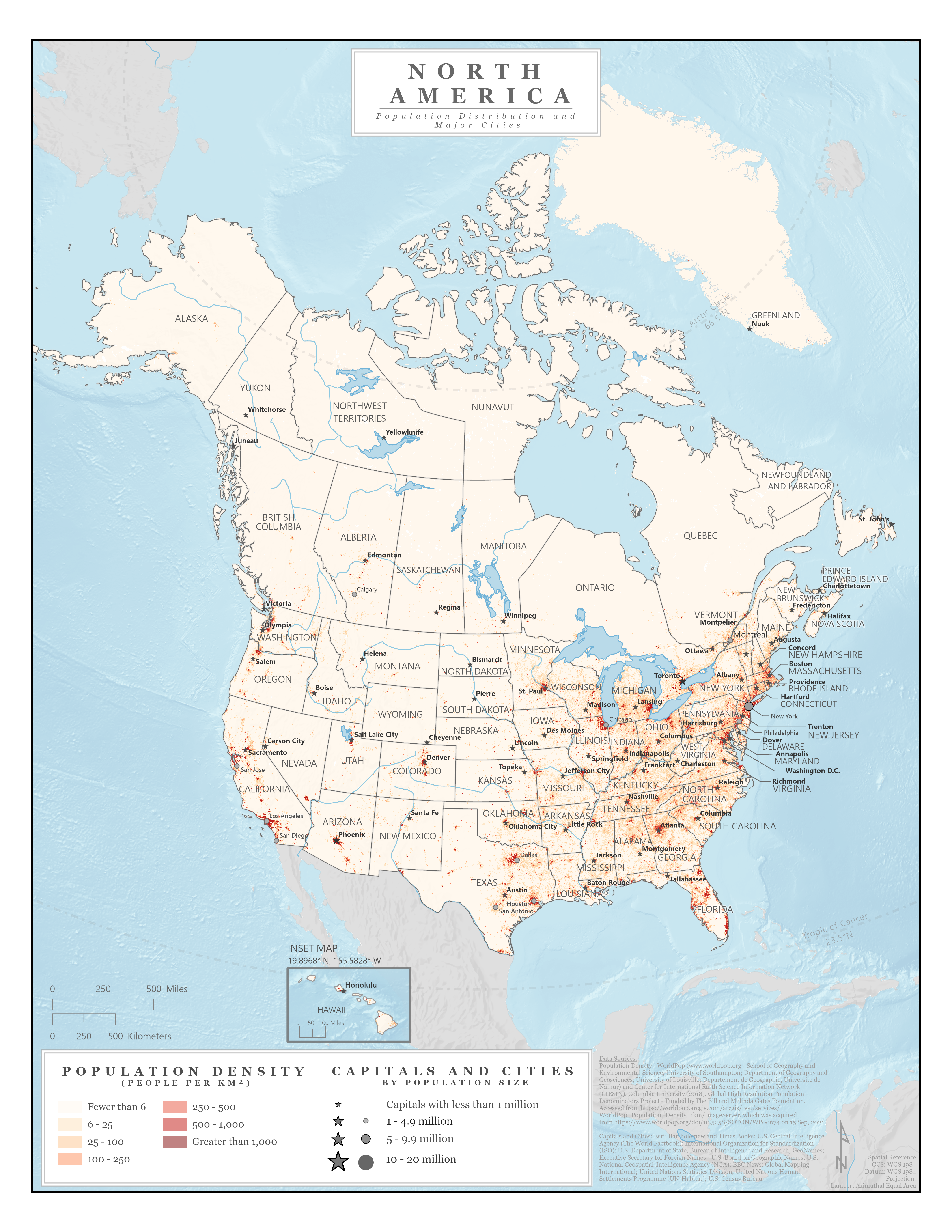 Countries, capitals, and population sizes map of North America