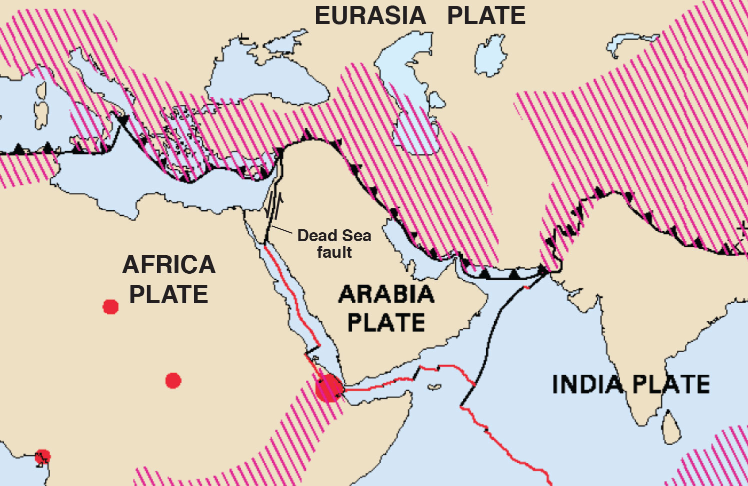 Tectonic regions shown along boundaries and in red diagonal stripes 