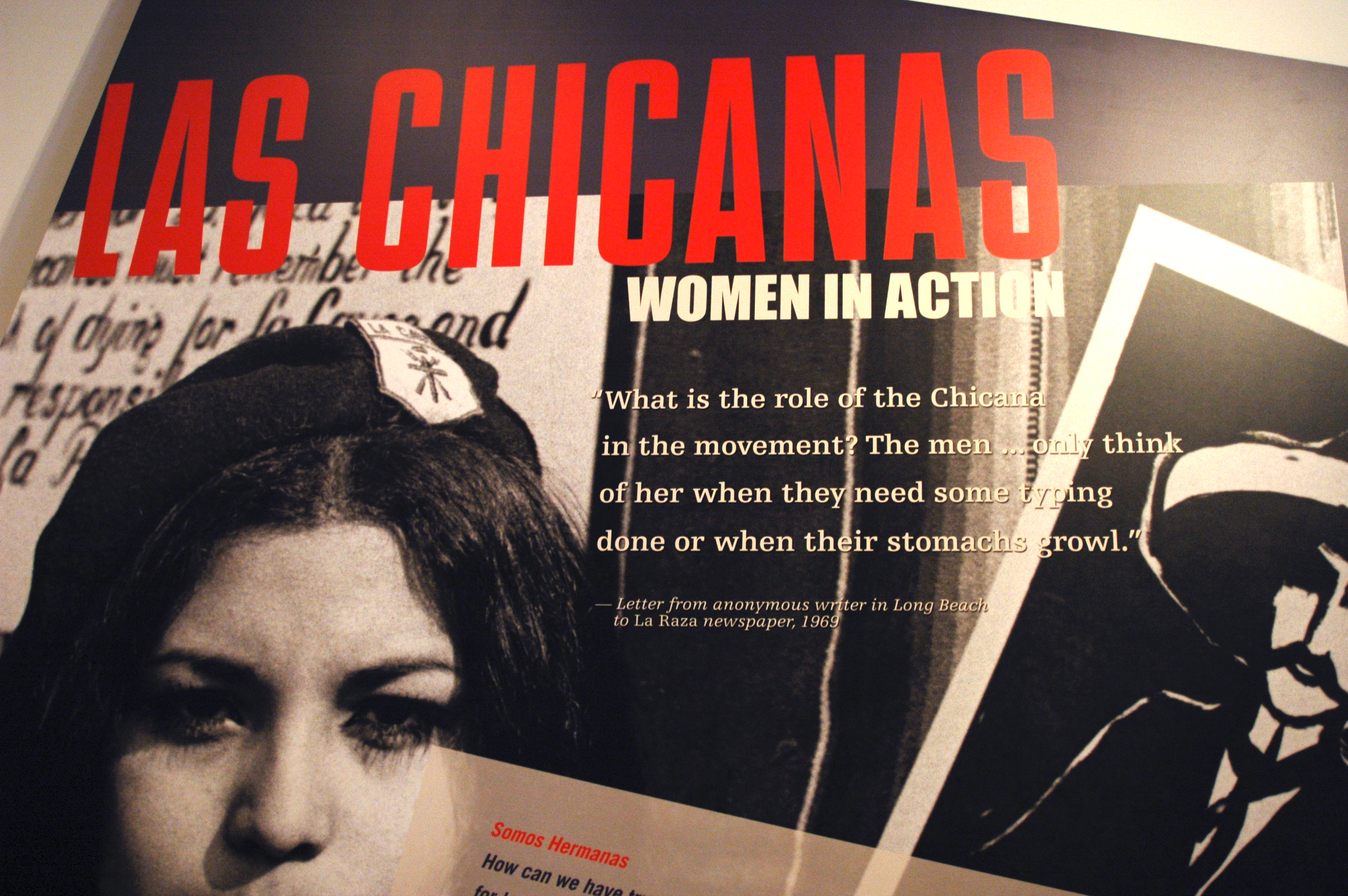 This is a poster reading “Las Chicanas: Women in Action” from LA Plaza de Cultura y Artes featuring an exhibit on Mexican American female activists.