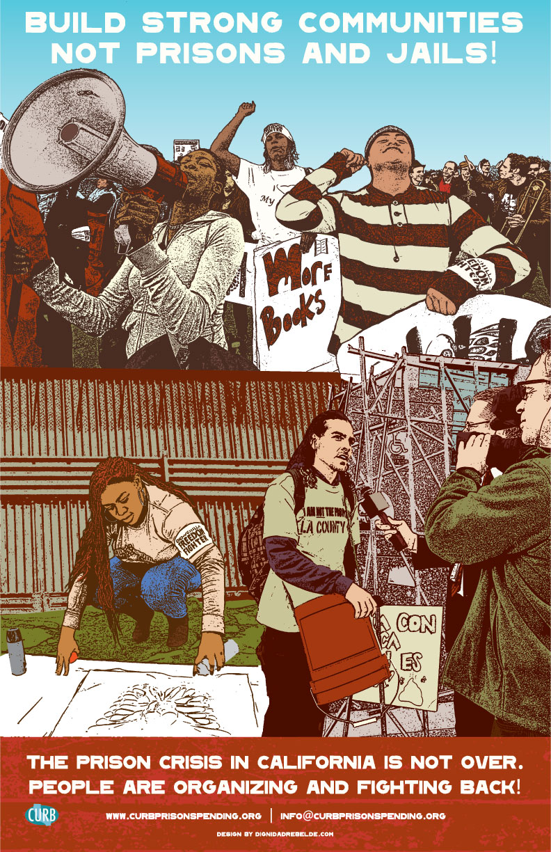 An activist poster featuring community work against incarceration. Details in text 