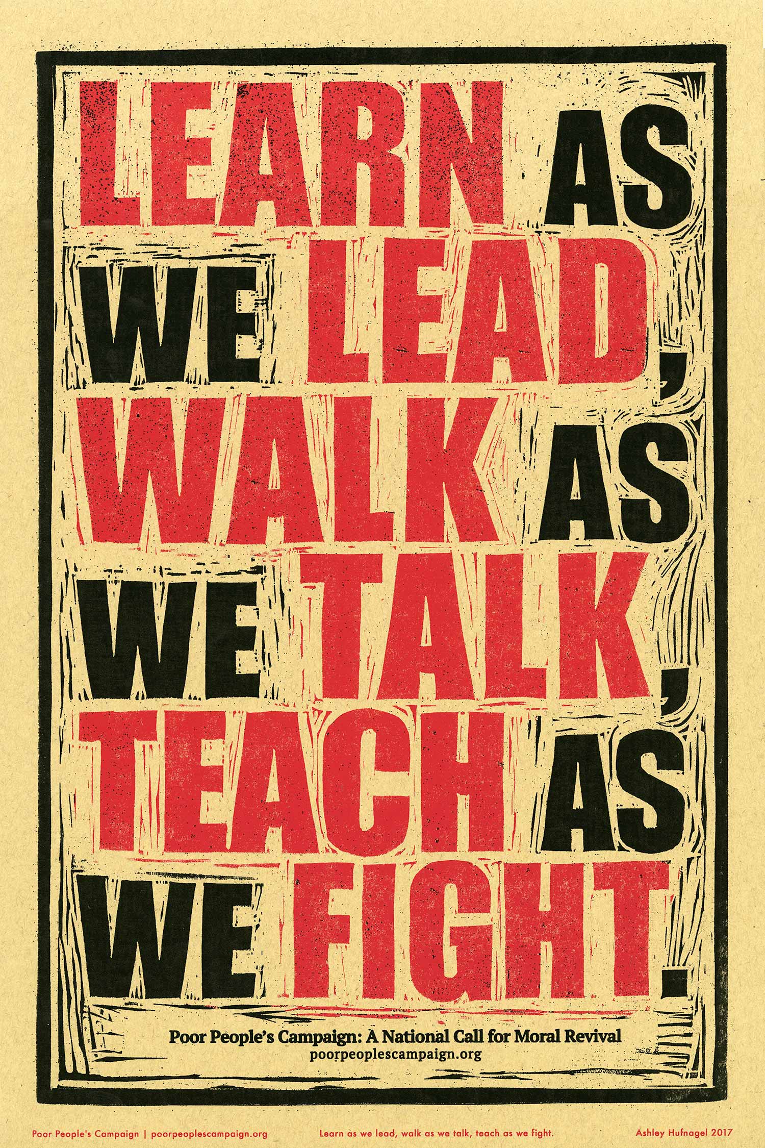 An activist poster with yellow, red, and black. Details in text