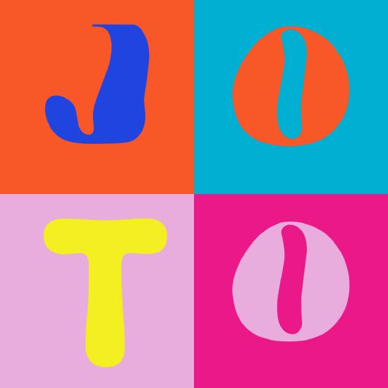 The word Joto with each letter in a different box with color backgrounds. Background colors are red, teal, pink and rose