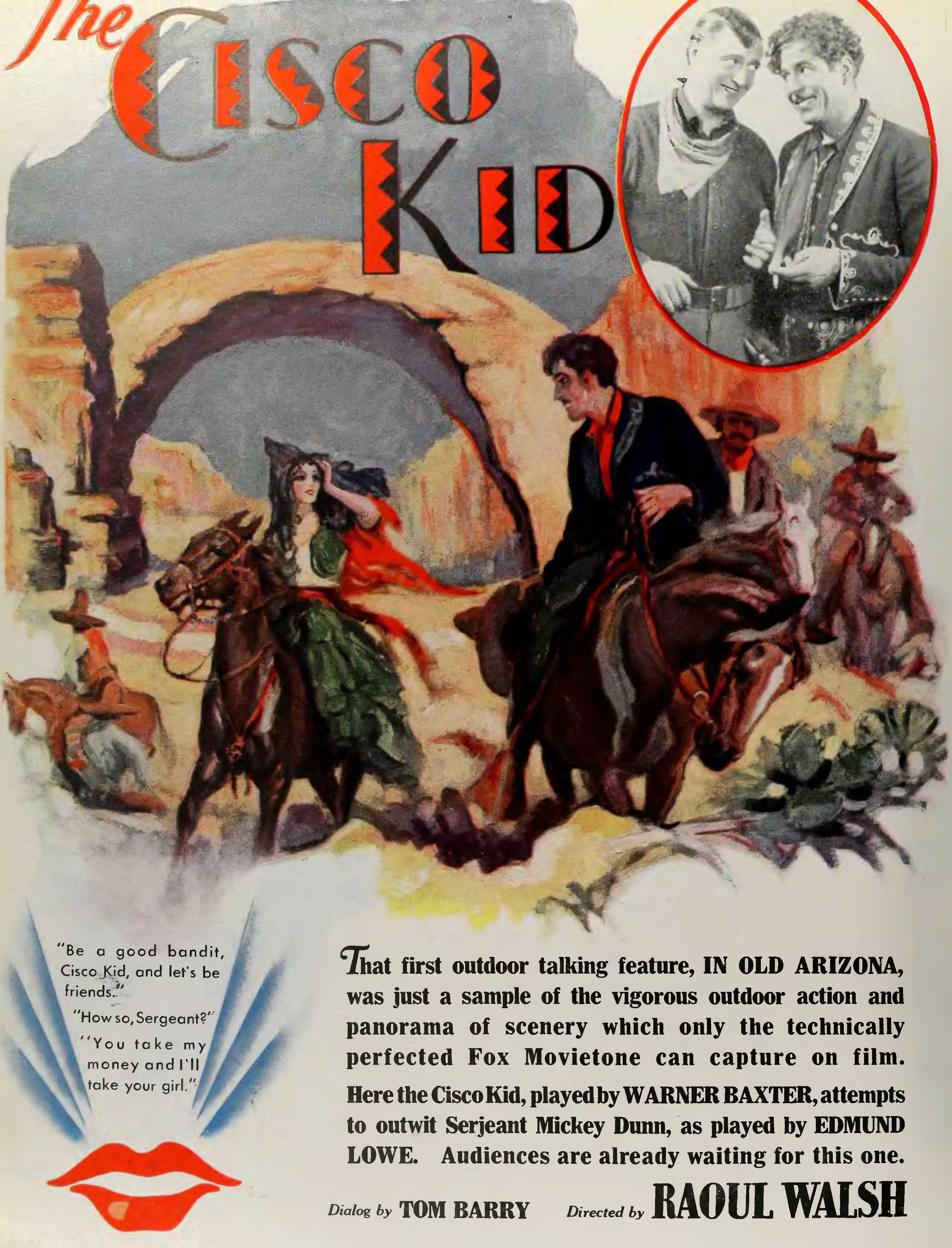 A movie poster for The Cisco Kid, showing a man on a horse talking with a woman on a horse, with three darker skinned men in the background. 