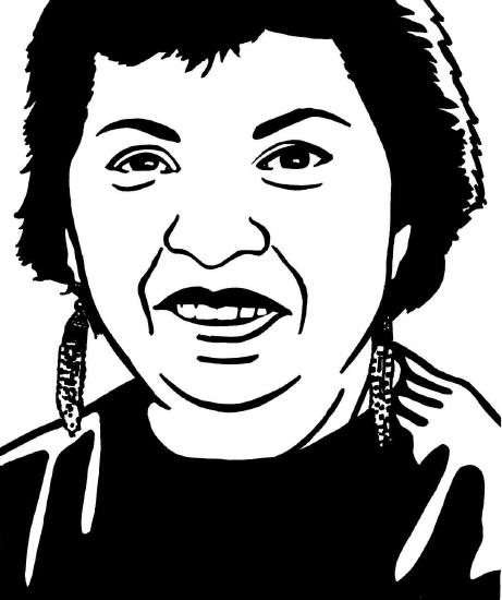 A cartoon rendering of a portrait of Gloria Anzaldúa, smiling and wearing dangling earrings