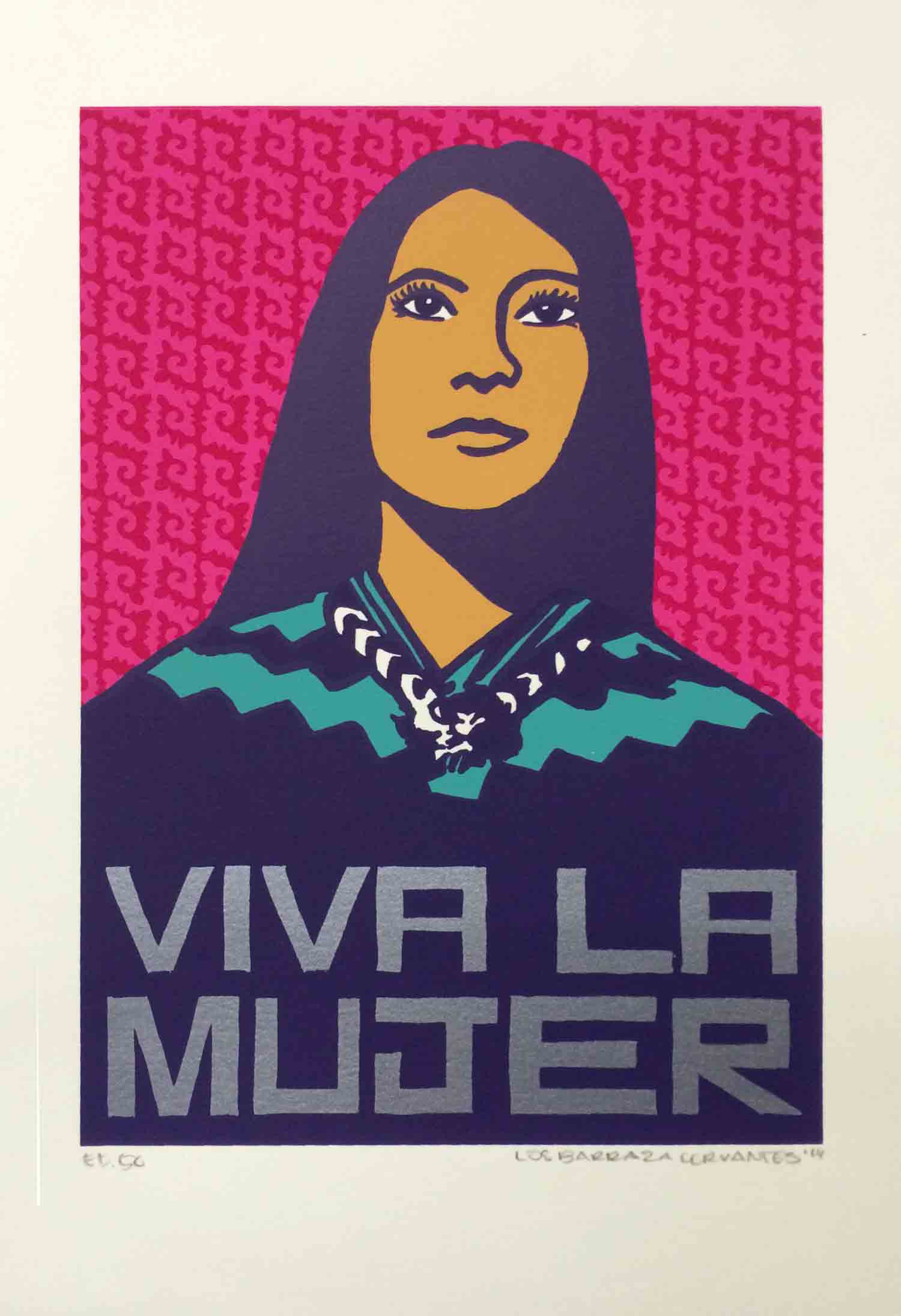 A woman looking resolutely upward against a pink background, with the caption "Viva La Mujer"