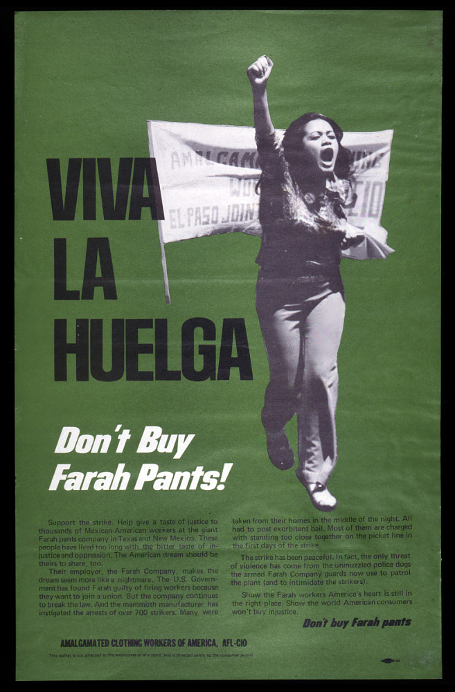 A political poster featuring a Chicana shouting with her fist raised. Details in text
