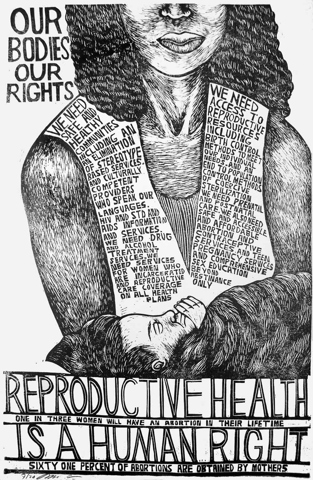 A woman carrying her baby, with the caption "Our Bodies, Our Rights. Reproductive Health is a Human Right.” Details in text 
