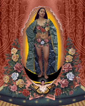 The Virgin of Guadalupe with an open robe, modestly covered by floral wreaths