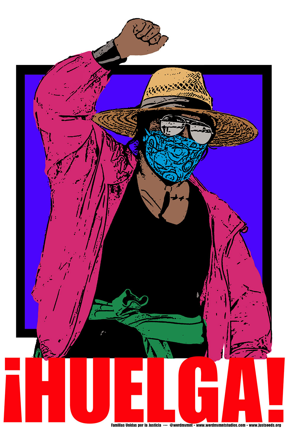 An activist poster with a woman in a straw hat and her fist raised, and the caption reads "¡Huelga!" (Strike!)