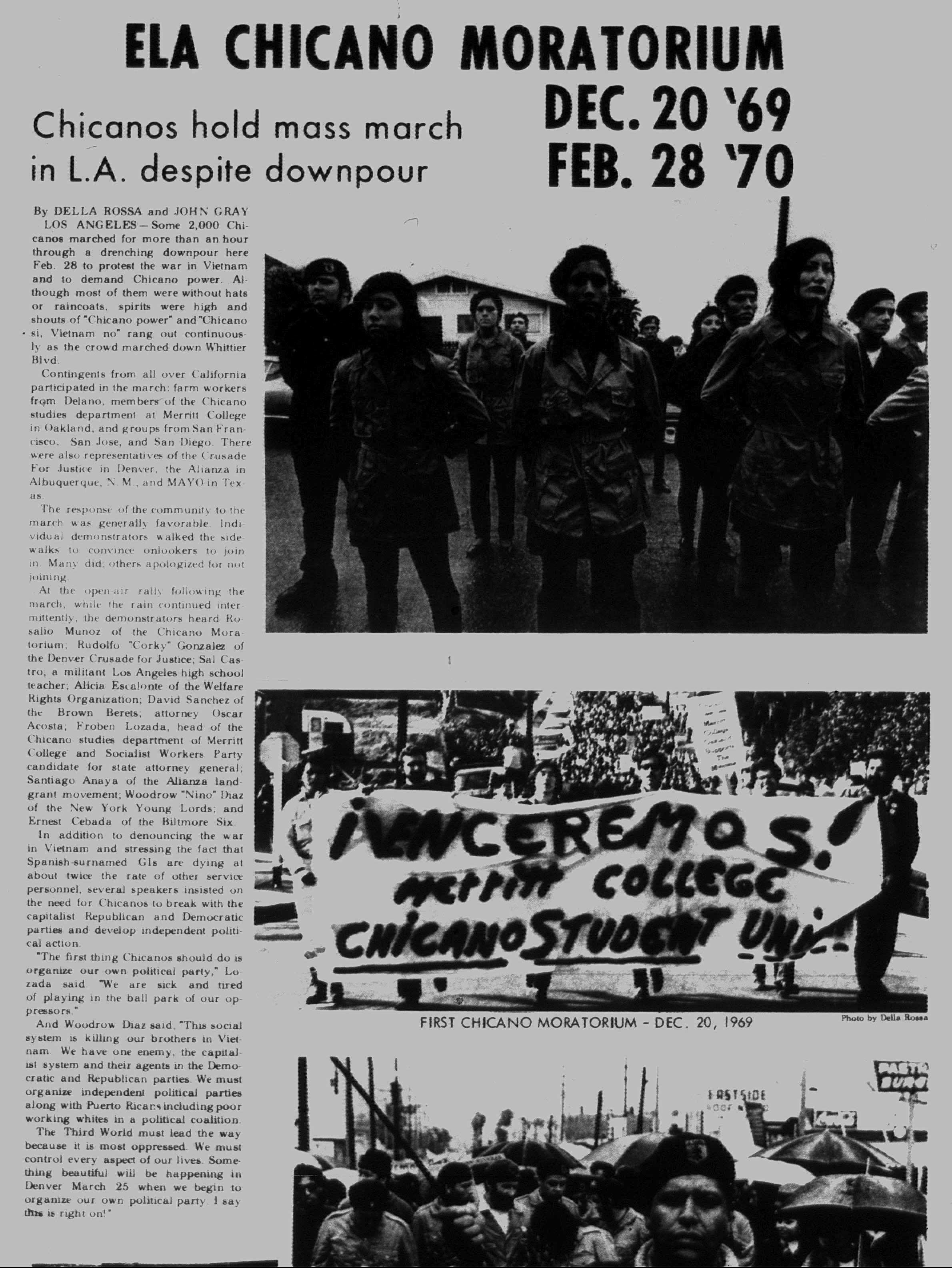 A newspaper article on the Chicano Moratorium,  with the headline, "ELA Chicano Moratorium, Dec. 20 '69, Feb. 28 '70. Chicanos hold mass march in L.A. despite downpour."