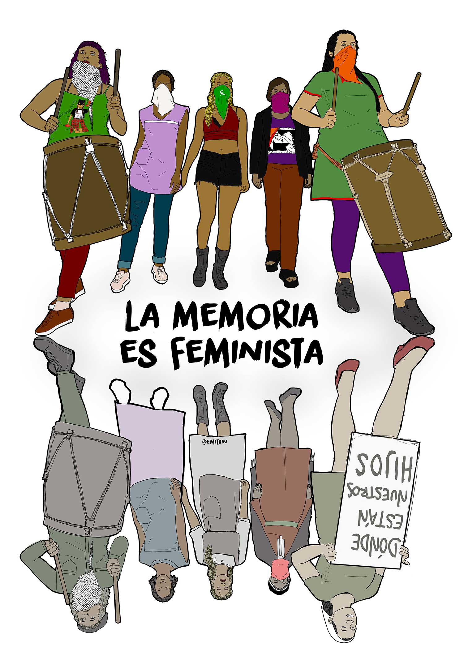 A feminist poster with a group of protestors and their ancestors below. Details in text