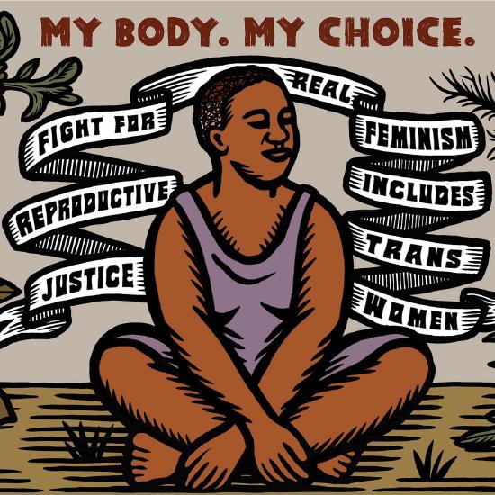 An activist poster for reproductive justice with the phrases, “My Body. My Choice. Fight for Reproductive Justice. Real Feminism includes Trans Women.”