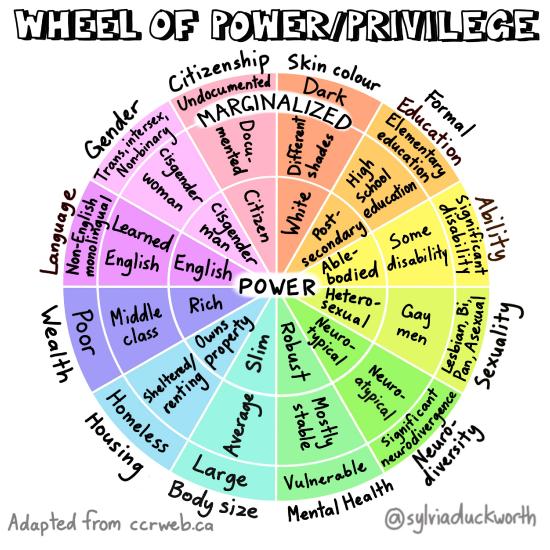 A wheel including three concentric circles that are separated by category, each representing a social identity. The center circle is labeled power, and the outer circle is labeled marginalized, indicating who is marginalized (furthest from power) and who is privileged (closest to power) within each category as indicated in the table.