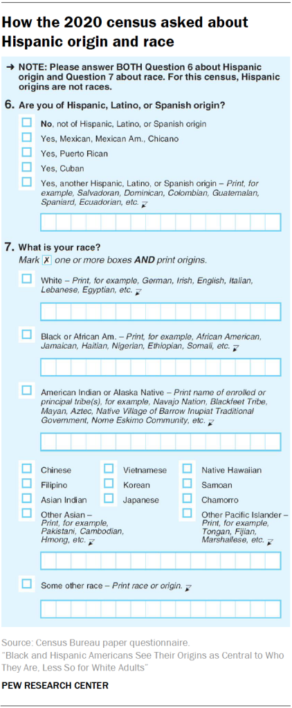 Questions 6 and 7 on the 2020 census asked for a person’s ethnicity and race. Details in text