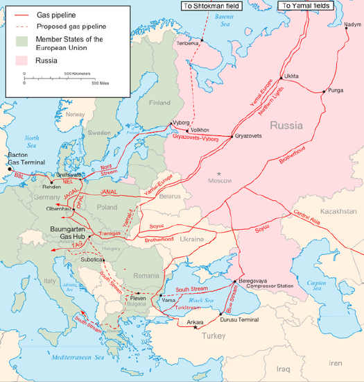 Map of gas pipelines connecting Russia to Europe