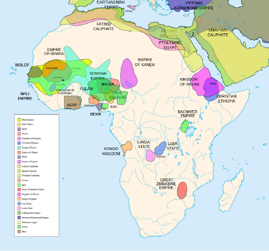 Map of Africa between 500 BCE and 1500 CE. Details in text
