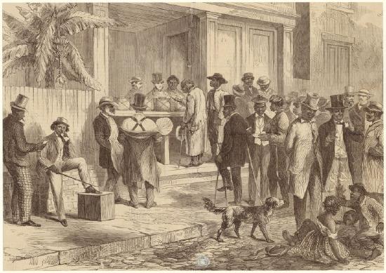 A painting of Black men in New Orleans, about a dozen who have just submitted their ballots, with as many more waiting in line to vote
